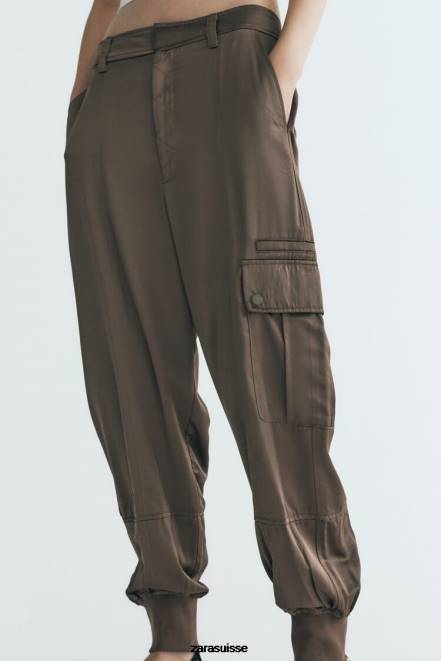 Zara vêtements P66V494 femmes pantalon de jogging effet satiné kaki