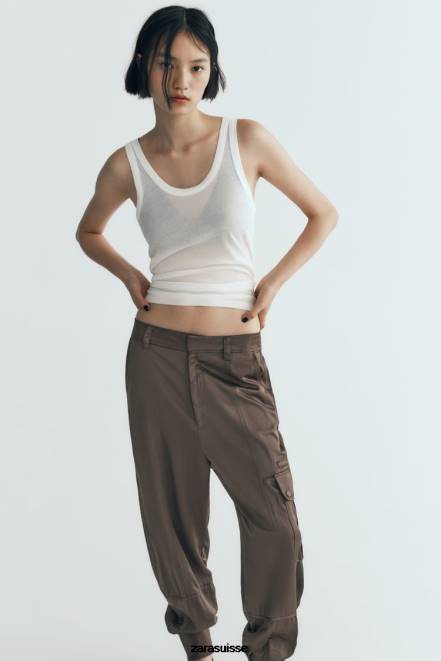 Zara vêtements P66V494 femmes pantalon de jogging effet satiné kaki