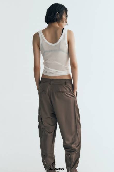 Zara vêtements P66V494 femmes pantalon de jogging effet satiné kaki
