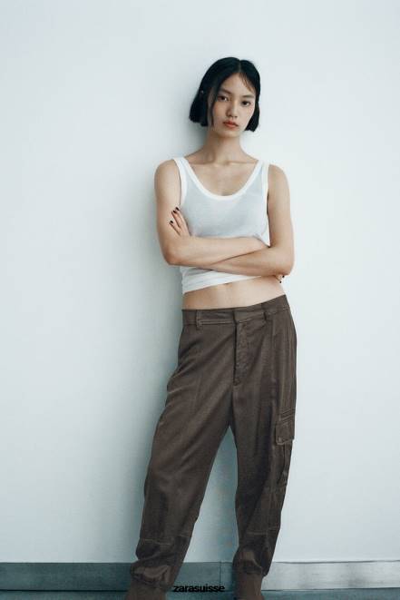 Zara vêtements P66V494 femmes pantalon de jogging effet satiné kaki