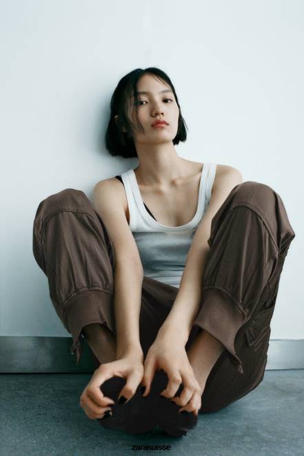 Zara vêtements P66V494 femmes pantalon de jogging effet satiné kaki