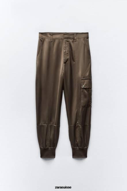 Zara vêtements P66V494 femmes pantalon de jogging effet satiné kaki
