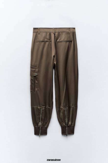 Zara vêtements P66V494 femmes pantalon de jogging effet satiné kaki