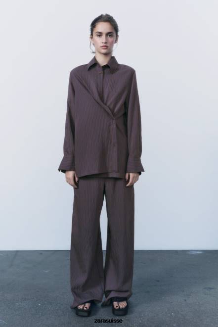 Zara vêtements P66V496 femmes zw collection pantalon large à rayures minimaliste marron/bleu