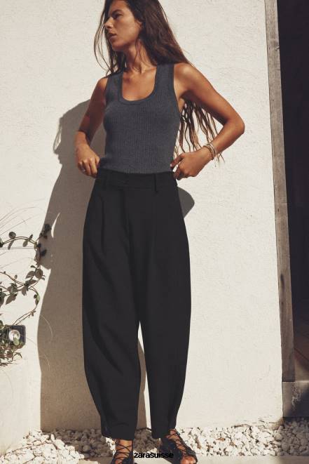 Zara vêtements P66V874 femmes pantalon fuselé plissé noir