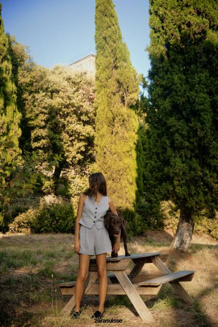 Zara vêtements P66V525 femmes short plissé taille haute gris