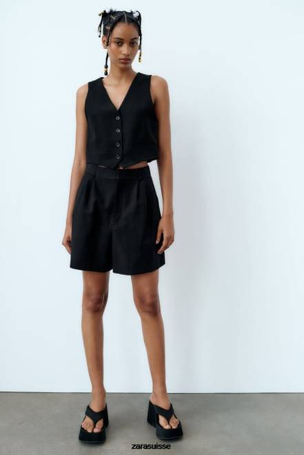 Zara vêtements P66V537 femmes short en lin mélangé noir