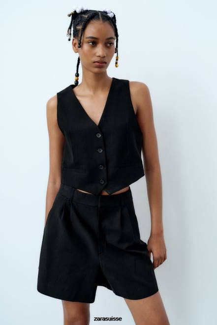 Zara vêtements P66V537 femmes short en lin mélangé noir