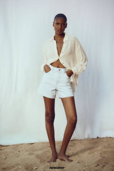 Zara vêtements P66V538 femmes short en jean coupe mom taille haute z1975 bleu clair