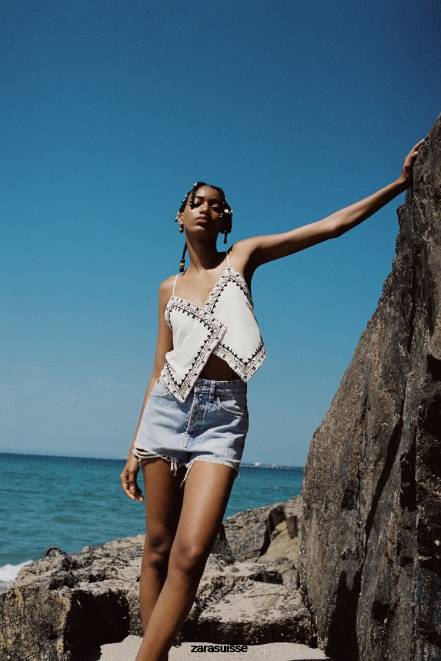 Zara vêtements P66V541 femmes short en jean taille haute trf bleu clair