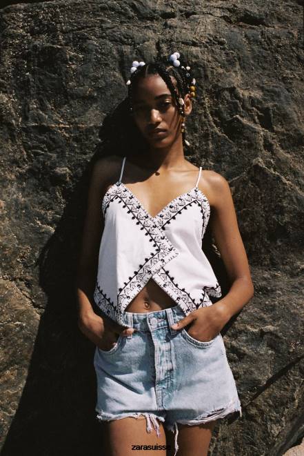 Zara vêtements P66V541 femmes short en jean taille haute trf bleu clair