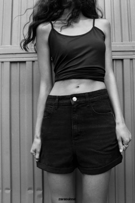 Zara vêtements P66V545 femmes Short en jean coupe mom taille haute 1975 noir