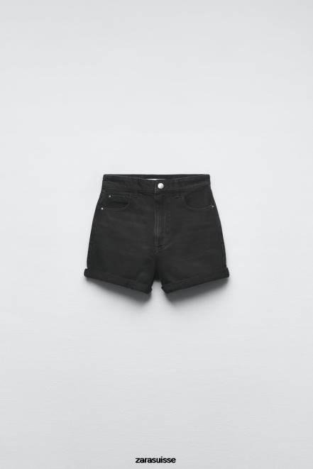 Zara vêtements P66V545 femmes Short en jean coupe mom taille haute 1975 noir