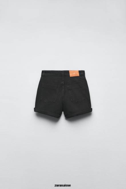 Zara vêtements P66V545 femmes Short en jean coupe mom taille haute 1975 noir