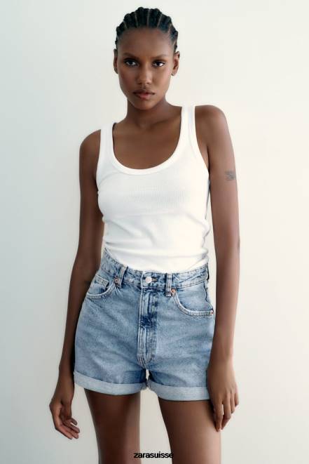 Zara vêtements P66V546 femmes short en jean taille haute coupe mom trf bleu