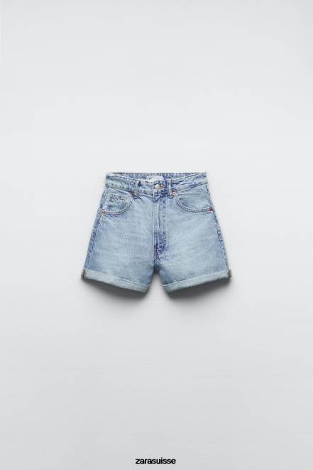 Zara vêtements P66V546 femmes short en jean taille haute coupe mom trf bleu