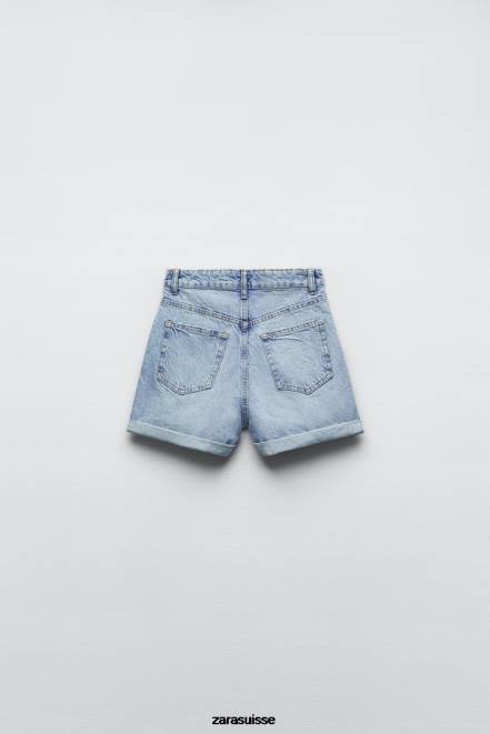 Zara vêtements P66V546 femmes short en jean taille haute coupe mom trf bleu