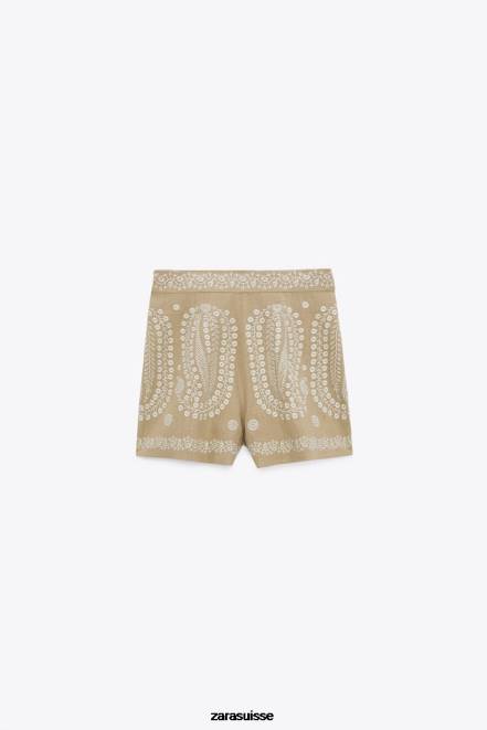 Zara vêtements P66V552 femmes short brodé marron taupe