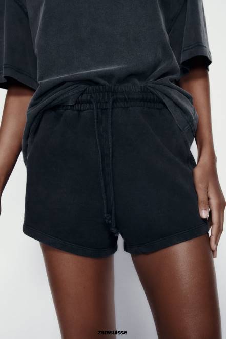 Zara vêtements P66V553 femmes short pelucheux effet délavé noir