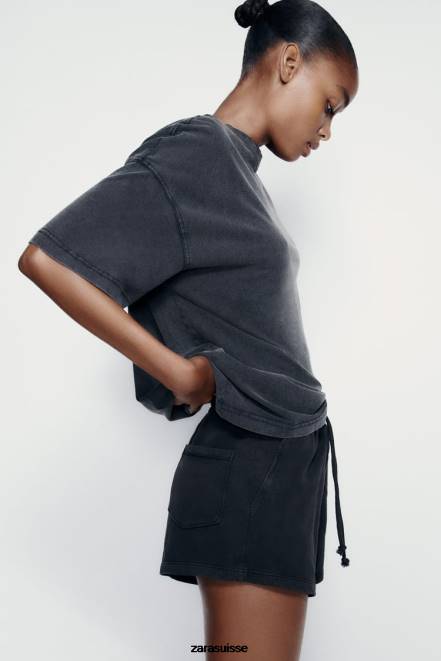 Zara vêtements P66V553 femmes short pelucheux effet délavé noir