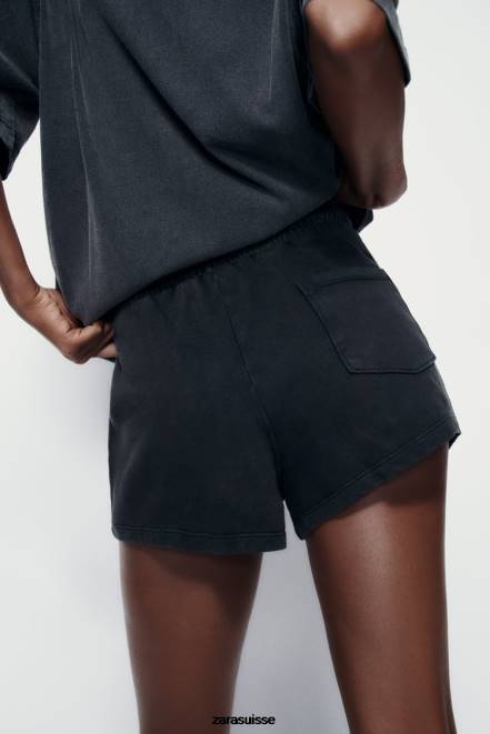 Zara vêtements P66V553 femmes short pelucheux effet délavé noir