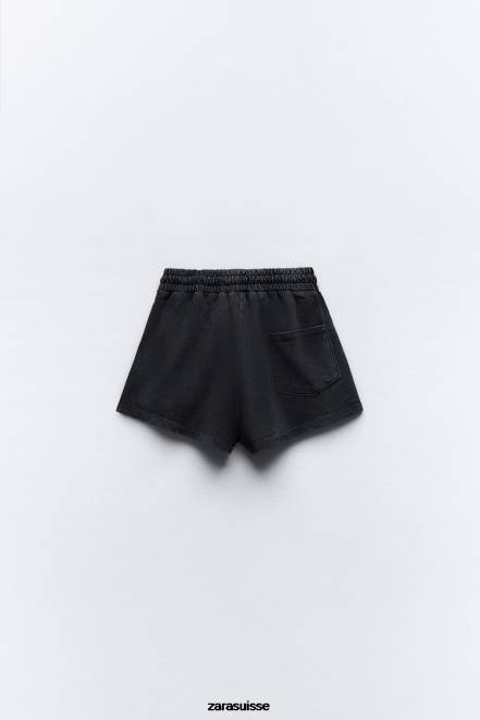 Zara vêtements P66V553 femmes short pelucheux effet délavé noir