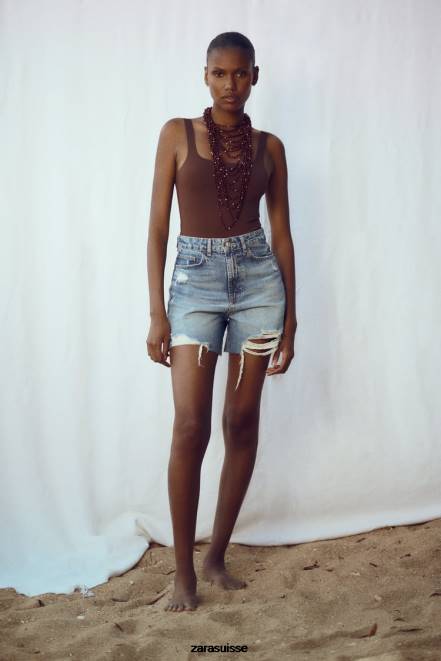 Zara vêtements P66V555 femmes short en jean déchiré z1975 bleu moyen