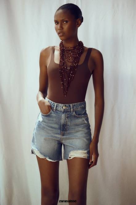 Zara vêtements P66V555 femmes short en jean déchiré z1975 bleu moyen