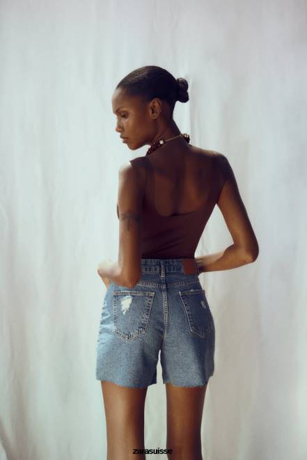 Zara vêtements P66V555 femmes short en jean déchiré z1975 bleu moyen