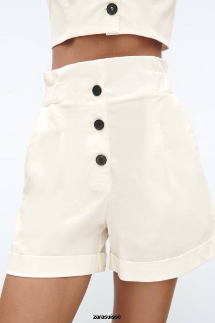 Zara vêtements P66V566 femmes short paper bag à ourlet retroussé blanc