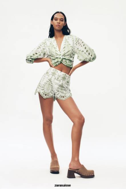 Zara vêtements P66V576 femmes short brodé vert/écru