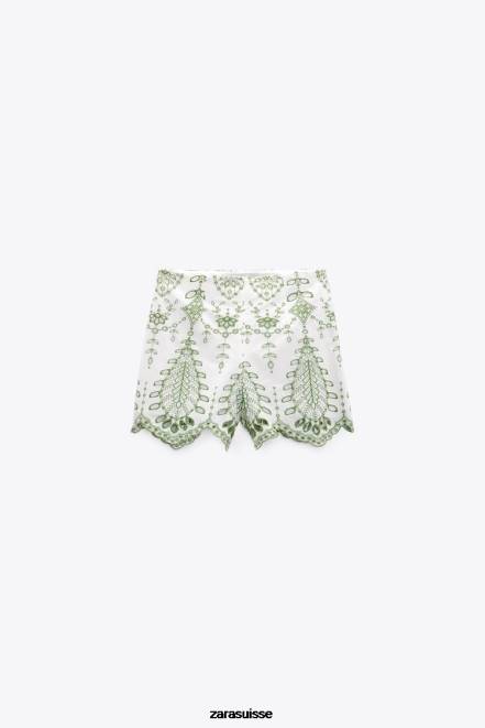 Zara vêtements P66V576 femmes short brodé vert/écru