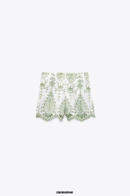 Zara vêtements P66V576 femmes short brodé vert/écru