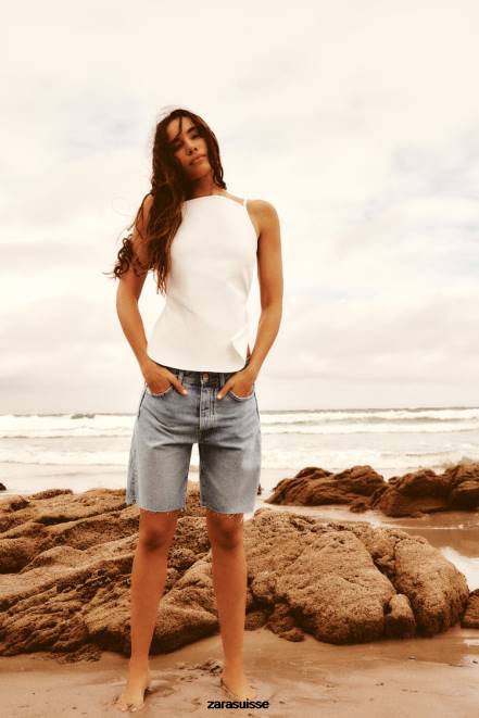 Zara vêtements P66V596 femmes short en jean taille mi-haute trf bleu clair