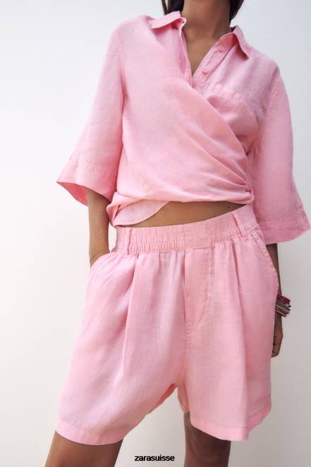 Zara vêtements P66V607 femmes short en lin à passant de ceinture bubble-gum