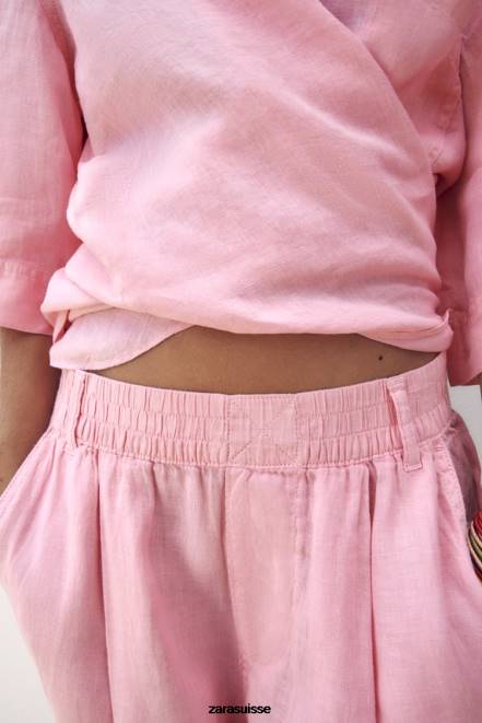 Zara vêtements P66V607 femmes short en lin à passant de ceinture bubble-gum