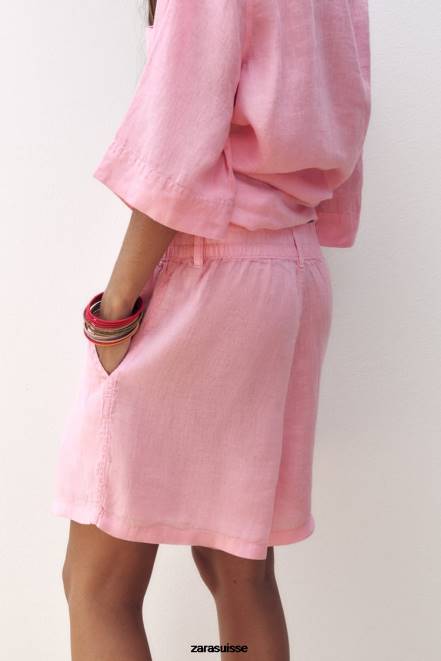 Zara vêtements P66V607 femmes short en lin à passant de ceinture bubble-gum
