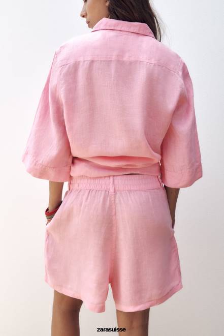 Zara vêtements P66V607 femmes short en lin à passant de ceinture bubble-gum