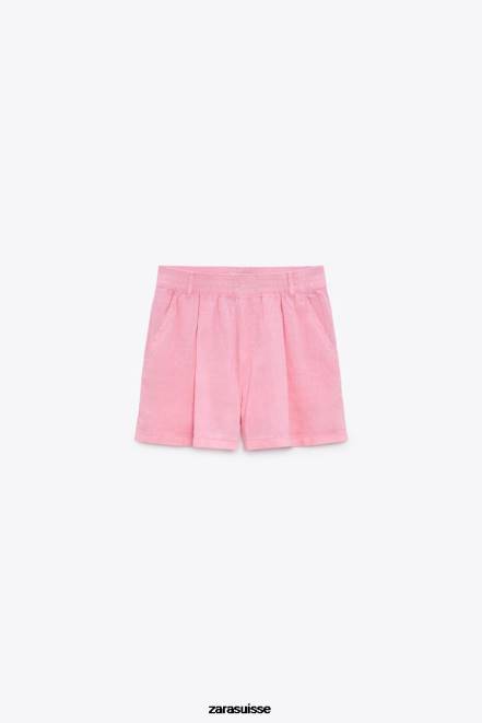 Zara vêtements P66V607 femmes short en lin à passant de ceinture bubble-gum