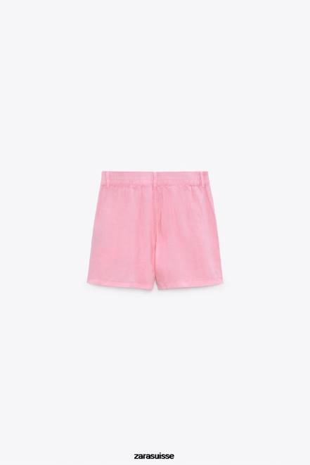 Zara vêtements P66V607 femmes short en lin à passant de ceinture bubble-gum