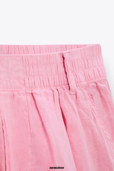 Zara vêtements P66V607 femmes short en lin à passant de ceinture bubble-gum