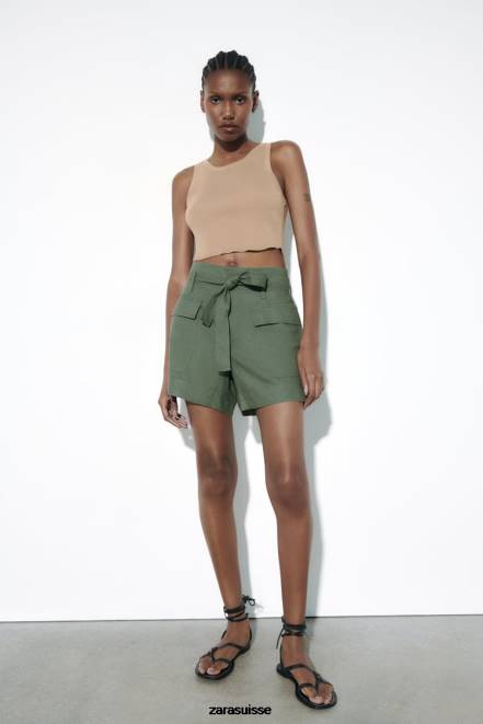 Zara vêtements P66V609 femmes short en lin mélangé à ceinture kaki