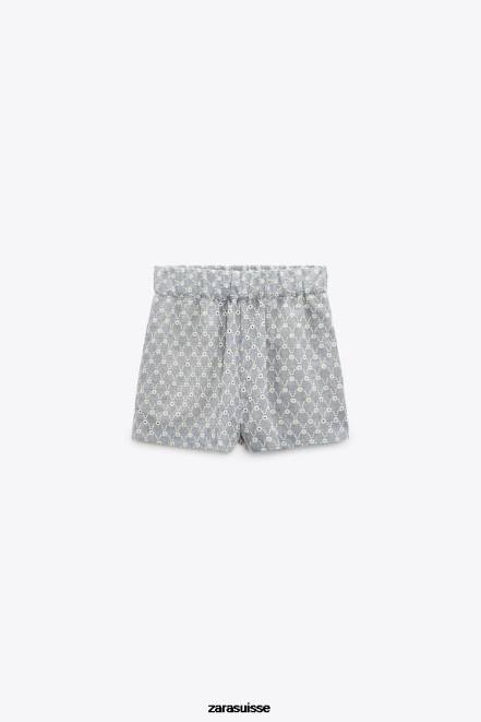 Zara vêtements P66V613 femmes short à œillets brodés écru/bleu