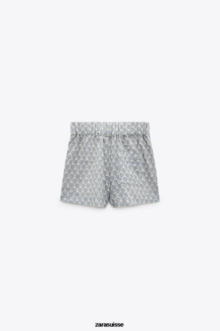 Zara vêtements P66V613 femmes short à œillets brodés écru/bleu