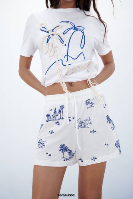 Zara vêtements P66V615 femmes short brodé Navet blanc