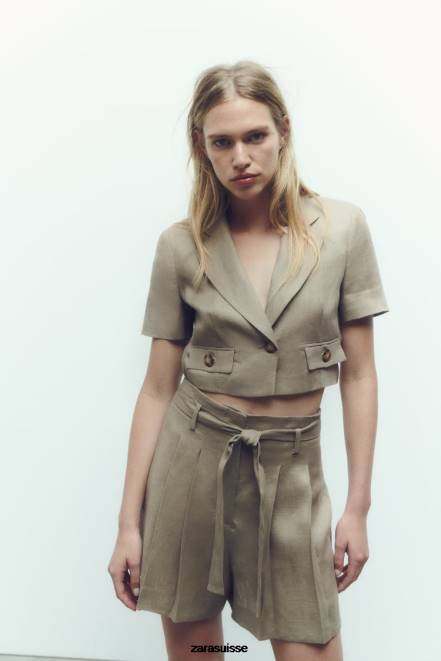 Zara vêtements P66V616 femmes short en lin noué beige