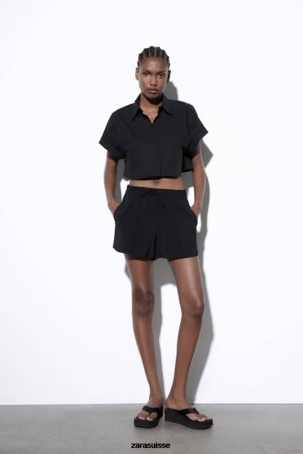 Zara vêtements P66V619 femmes short à cordon de serrage noir