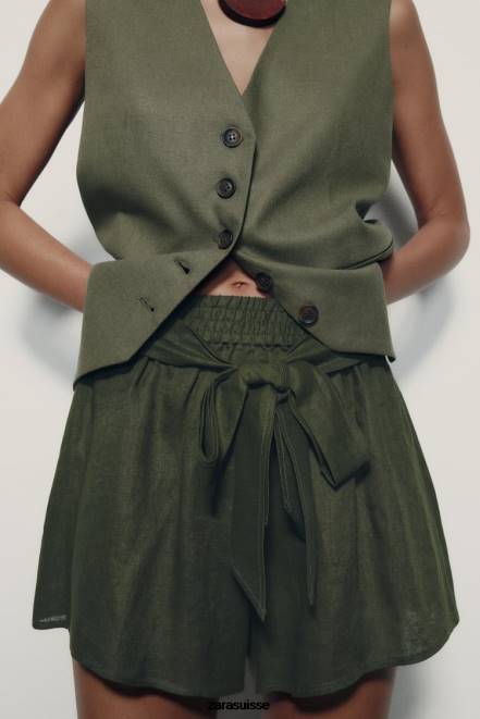 Zara vêtements P66V627 femmes short en lin noué kaki foncé