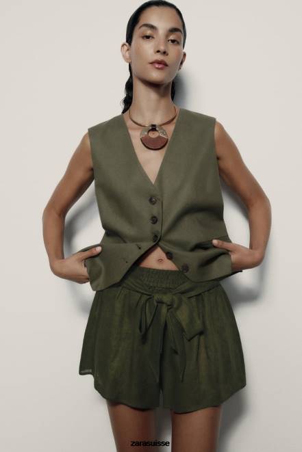 Zara vêtements P66V627 femmes short en lin noué kaki foncé