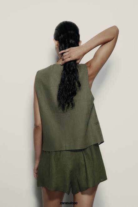 Zara vêtements P66V627 femmes short en lin noué kaki foncé